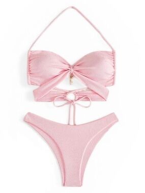 Pink Ribbed Tie-Front Bikini Set